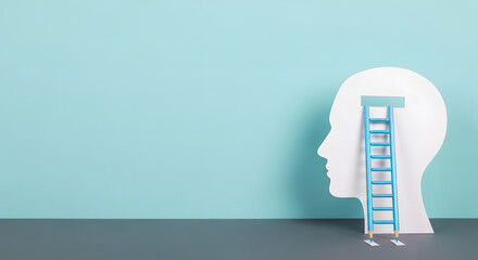 Silhouette of a man, window to the brain, ladder of success, open minded, brainstorming for ideas, disorder and psychology concept