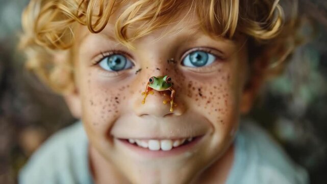 A child with a mischievous smile and a frog on his nose, a touching background for children's educational projects or eco-campaigns.
