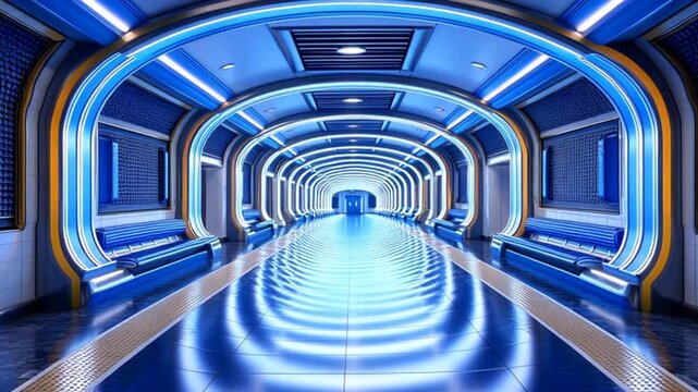 Futuristic subway station interior design with neon lights and sleek blue benches