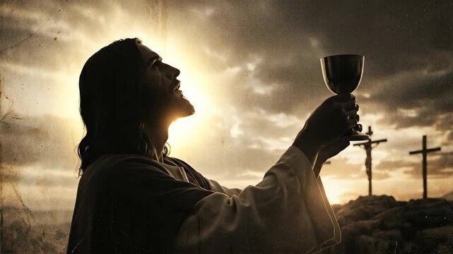 Jesus Christ holding chalice with Golgotha crosses at sunrise. Mystical Christian video for Good Friday Easter background. - Powered by Adobe