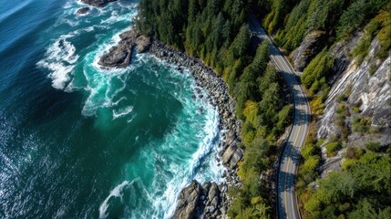 A winding highway hugs the coastline lined with trees and rocky formations. The vibrant blue waves crash against the shore under clear skies creating a breathtaking view.