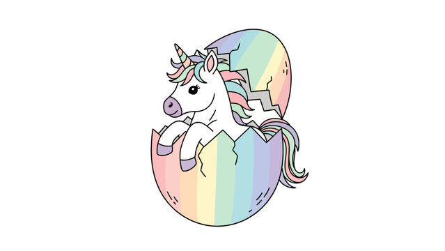 A unicorn hatches from a rainbow egg