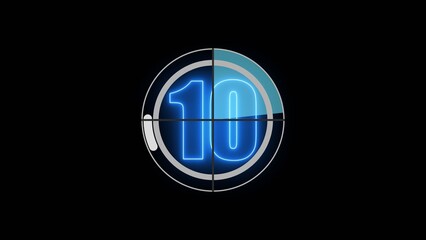 Glowing neon number 10 countdown illustration. Movie film strip with countdown number on grunge background.