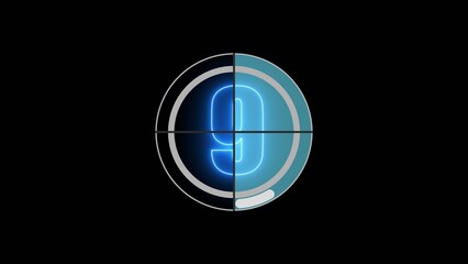 Glowing neon number 9 countdown illustration. Movie film strip with countdown number on grunge background.