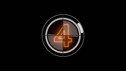 Glowing neon number 4 countdown illustration. Movie film strip with countdown number on grunge background.