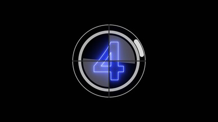 Glowing neon number 4 countdown illustration. Movie film strip with countdown number on grunge background.
