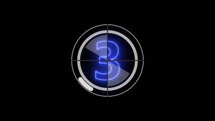 Glowing neon number 3 countdown illustration. Movie film strip with countdown number on grunge background.