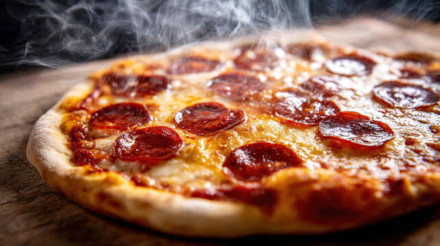 hunger. A close-up of a freshly baked pepperoni pizza with melted cheese and steam rising. representing modern convenience, menu design, designed for culinary blogs and recipe cards for restaurants.
