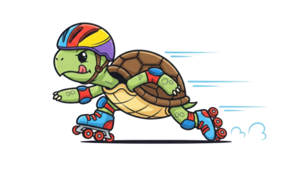 Cartoon turtle on roller skates wearing helmet and pads isolated PNG with Transparent Background
