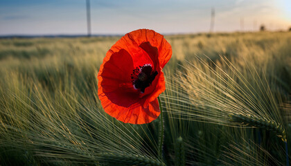 Naklejka premium Vibrant red poppy blooming in a golden wheat field under a soft sunset sky. Evokes nature, peace, remembrance, and beauty. Perfect for editorials, advertising, and heartfelt designs.