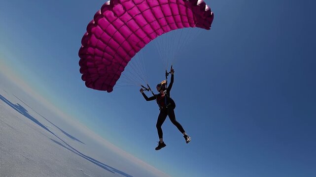 Young woman parachuting and soaring through the sky on a sunny day. Professional female skydiver enjoying the view during a freefall