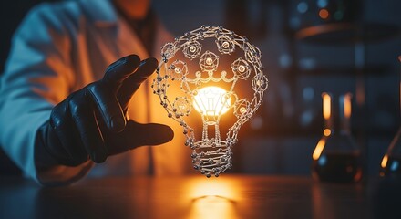 Scientist in lab reaching for a glowing abstract wireframe light bulb, symbolizing innovation, discovery, and new ideas in a research and development setting.