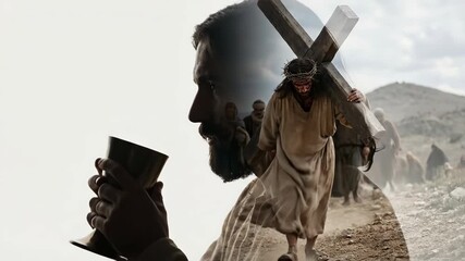 Man prayerfully holding a chalice as Jesus carries the cross on the road to Golgotha. Spiritual Christian conceptual video for Easter.