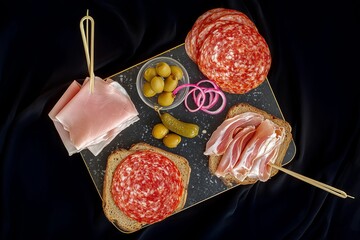 Open charcuterie platter with salami and ham