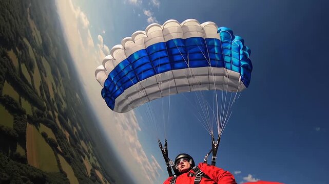 Experienced skydiver gracefully soars beneath a fully deployed parachute, savoring the breathtaking scenery below. Embracing the thrill of extreme sports and the rush of adrenaline