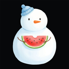 Cute Snowman Holding Watermelon Slice Watercolor, Isolated on White Background, Vector Illustration
