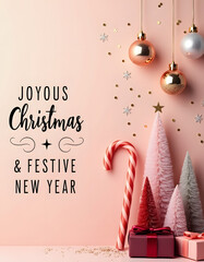 Joyous Christmas and Festive New Year greeting with ornaments and gifts