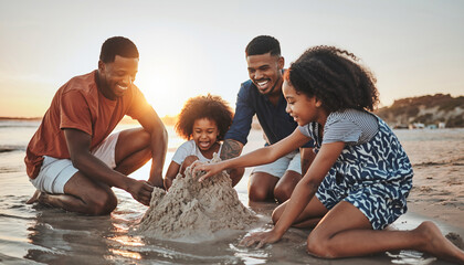 Joyful family building a sandcastle together on a sunny beach at sunset. Represents togetherness, summer fun, and happy memories. Ideal for travel or lifestyle content.