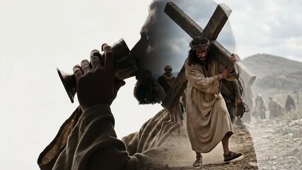 Jesus Christ drinking from chalice with overlay of Jesus carrying cross on path to Golgotha, a Christian metaphor for suffering and sacrifice