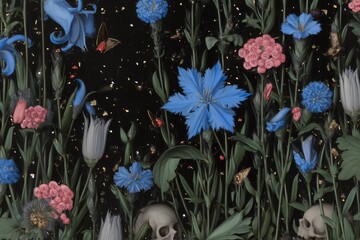 Skulls hidden among blooming flowers