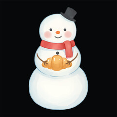 Cute Snowman Holding Croissant Watercolor, Isolated on White Background, Vector Illustration

