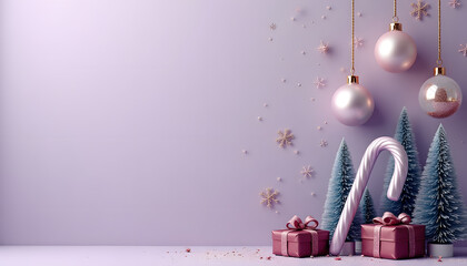 Elegant Christmas decorations with ornaments, gifts, and candy cane on a purple background