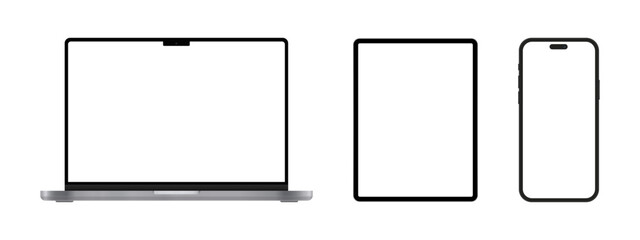 Laptop Tablet Phone. Set of devices. Computer, tablet and cellphone mockup. Digital equipment showing isolated screen.