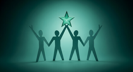 Successful Teamwork Concepts. Paper Cut as Group of Worker Raise Up a Star Together. Business Strategy. Working to Committed and Towards a Shared Goal. Colleagues or Partnership Celebrating a Success