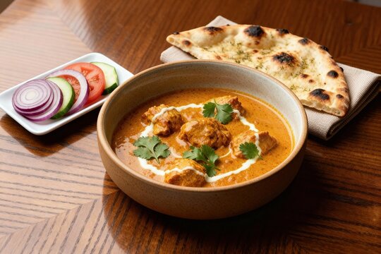 Creamy Indian chicken curry served in a bowl with naan bread and fresh garnish, presented as a warm and appetizing restaurant-style meal.