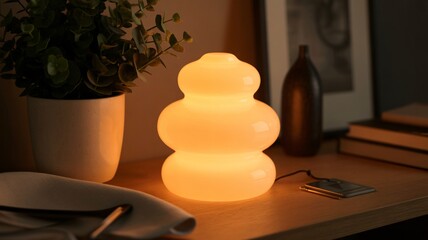 Modern bedside table lamp glowing soft light home decor and plant arrangement
