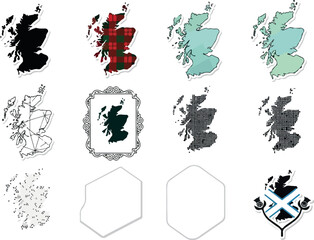 Collection of Stylized Scotland Map Icons Tartan, Geometric, and Silhouette Designs