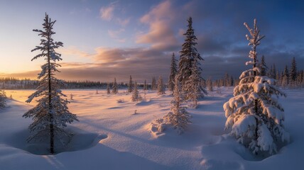 Snow covered trees in a winter landscape at sunset