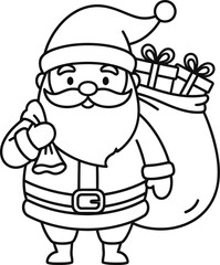 Santa Claus with a Sack Full of Presents Black and White Line Art Illustration