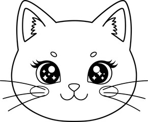 Adorable Kawaii Cat Face Illustration with Big Eyes and Whiskers on White Background