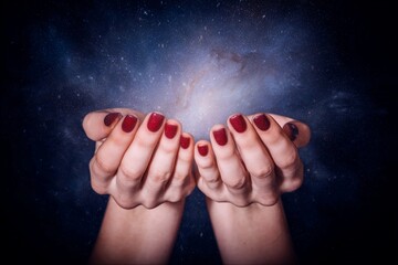 Red-nailed hands lifting cosmic light