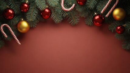 Festive christmas garland with ornaments and candy canes border