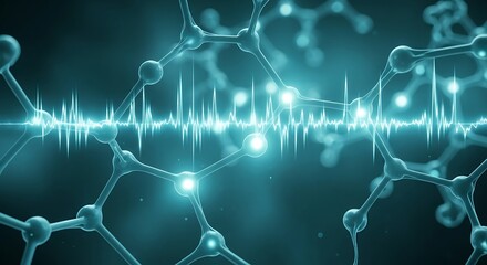 Abstract molecular structure network with glowing nodes and a vibrant, energetic digital waveform, illustrating advanced scientific research, data analysis, and technological innovation.