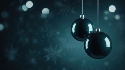 Two dark blue christmas ornaments hanging with bokeh lights