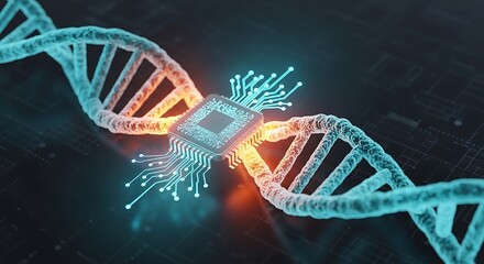 Glowing dna helix fused with microchip, symbolizing the powerful convergence of genetic engineering, biotechnology, artificial intelligence, and future scientific innovation.
