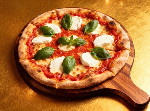 Close-up of a fresh Margherita pizza with tomato sauce, mozzarella, and basil leaves on a wooden paddle board.