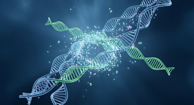 Dynamic dna strands with glowing particles symbolizing genetic research, biotechnology, data transfer, scientific innovation, complex molecular biology, and advanced medical solutions