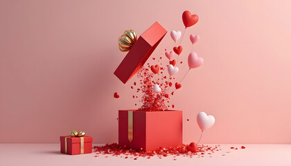 Valentine's Day gift box with heart-shaped balloons and confetti