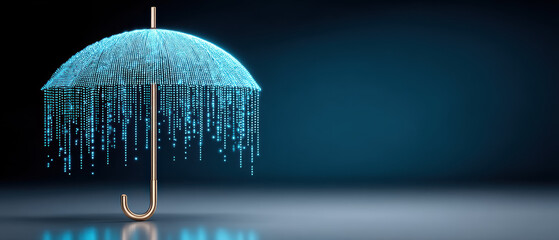 Digital umbrella of glowing data and security droplets forming protective canopy