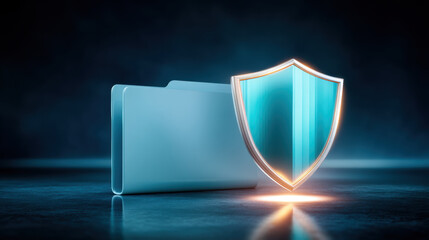 Data security concept with glowing shield protecting blue folder in dark futuristic scene
