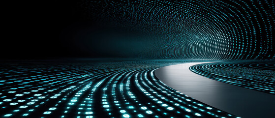 Digital data tunnel with security lights and glowing binary flow in curved corridor