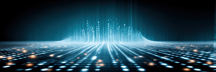 Data security glowing grid landscape with rising light nodes and futuristic digital wave