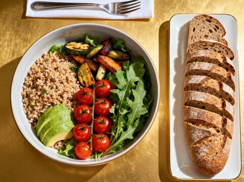 Healthy salad bowl with grains, leafy greens, cherry tomatoes, grilled vegetables, avocado, and sliced whole-grain bread on a golden table.