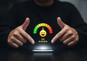 Hands interacting with smartphone showing 5-star rating and smiling emoji on satisfaction gauge, symbolizing excellent customer feedback and service quality