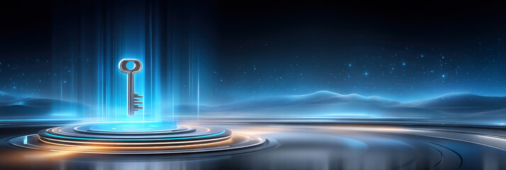 Futuristic key on glowing platform data security concept glowing blue light, sleek horizon