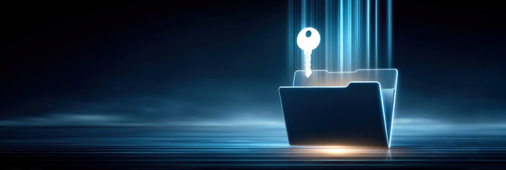Secure data folder glowing with key and digital light data security concept